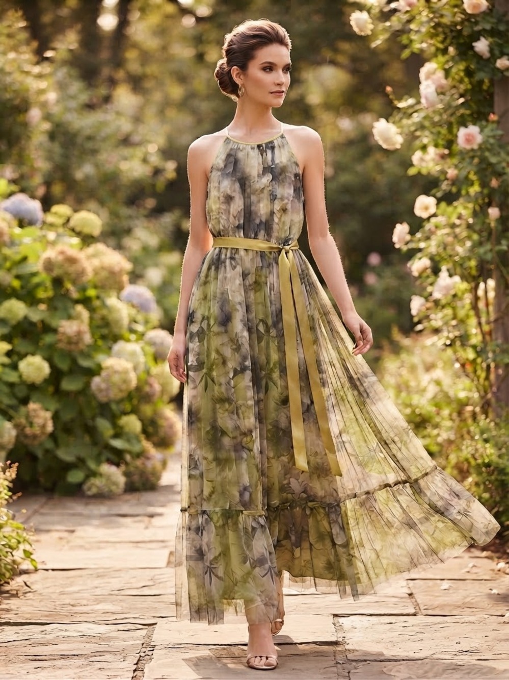 Chiffon Halter Floral Maxi Dress in Olive Green